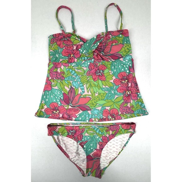 Lilly‎ Pulitzer Tankini 2pc Swimsuit LG/Med Pink Hawaiian Hibiscus Tropical EUC - Picture 1 of 15